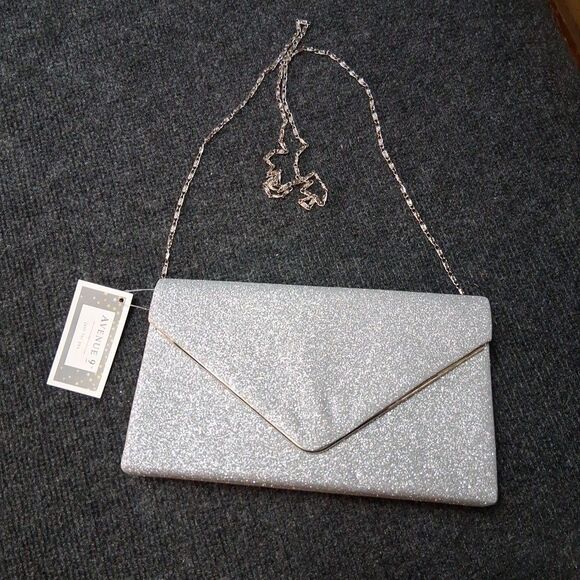 AVENUE 9 Silver Sparkle Flap Clutch Elegant Evening Party Handbag Prom Glam - Picture 1 of 10